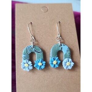 Polymer Clay Blue Floral Dangling Pierced Earrings New